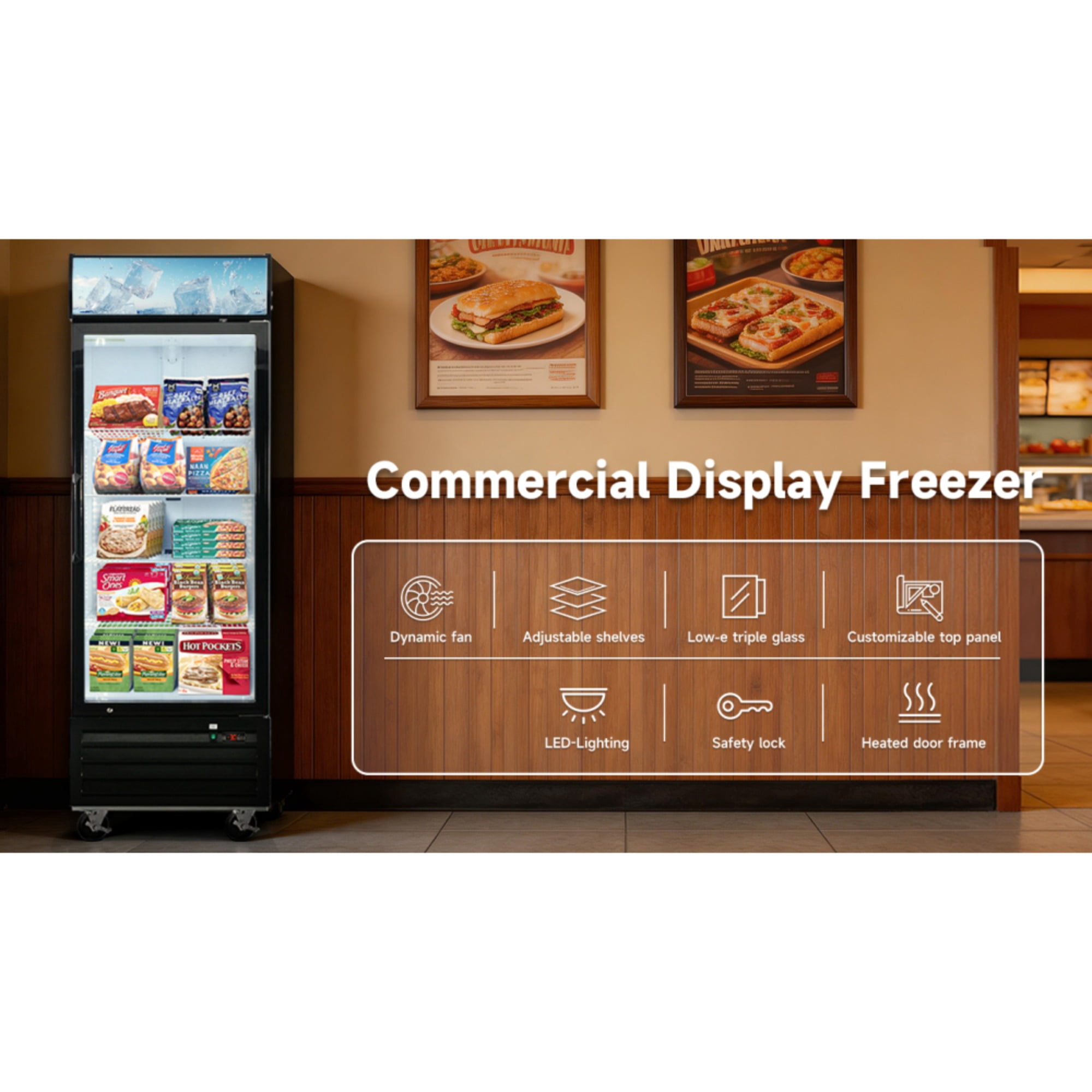 16 Cu.Ft Single Door Commercial Upright Display Freezer Merchandiser Glass Doors With ETL Certified, -8 to -1℉,Auto Defrost, Heated Door Frame, LED Lighting, for Cafes, Restaurants, Stores.