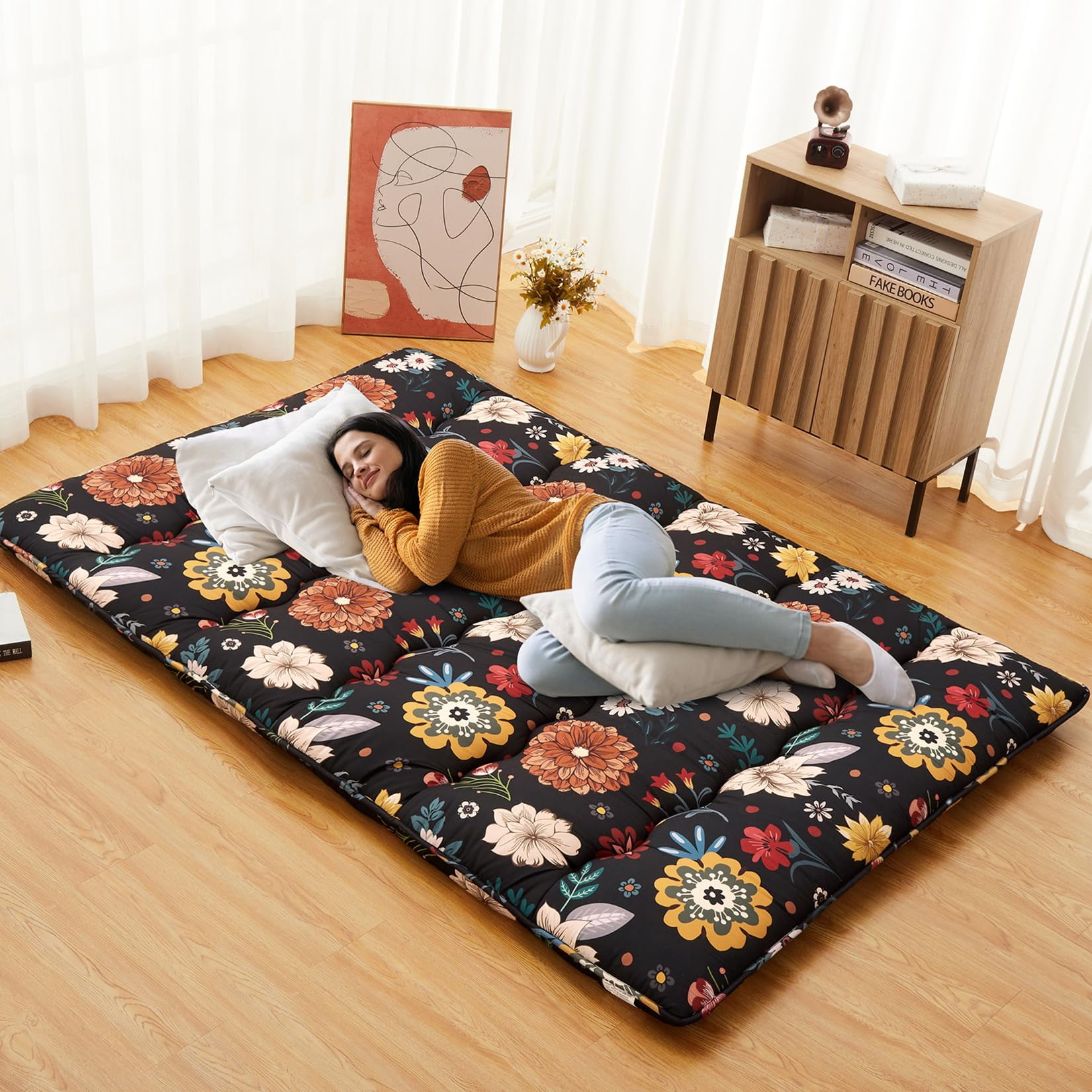Ataucjin Twin Size Japanese Futon Floor Mattress, 3 Inch Thick Floral Tatami Mat, Foldable Portable Sleeping Mattress, Modern Floor Bed for Living Room, Guest Room, Camping