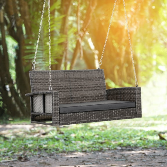 2-Person Outdoor Wicker Hanging Porch Swing Bench with Cushion
