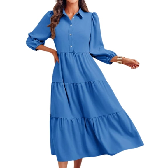 Womens Casual 3/ 4 Sleeve Shirt Dress Button Down V Neck Tiered Collared Flowy Maxi Dress