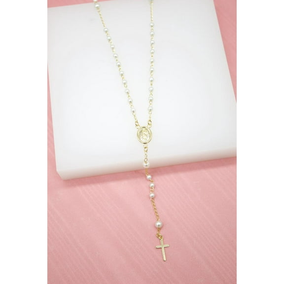 Catholic Pearl Bead Rosary with Crucifix and Milagros Charm (F259)