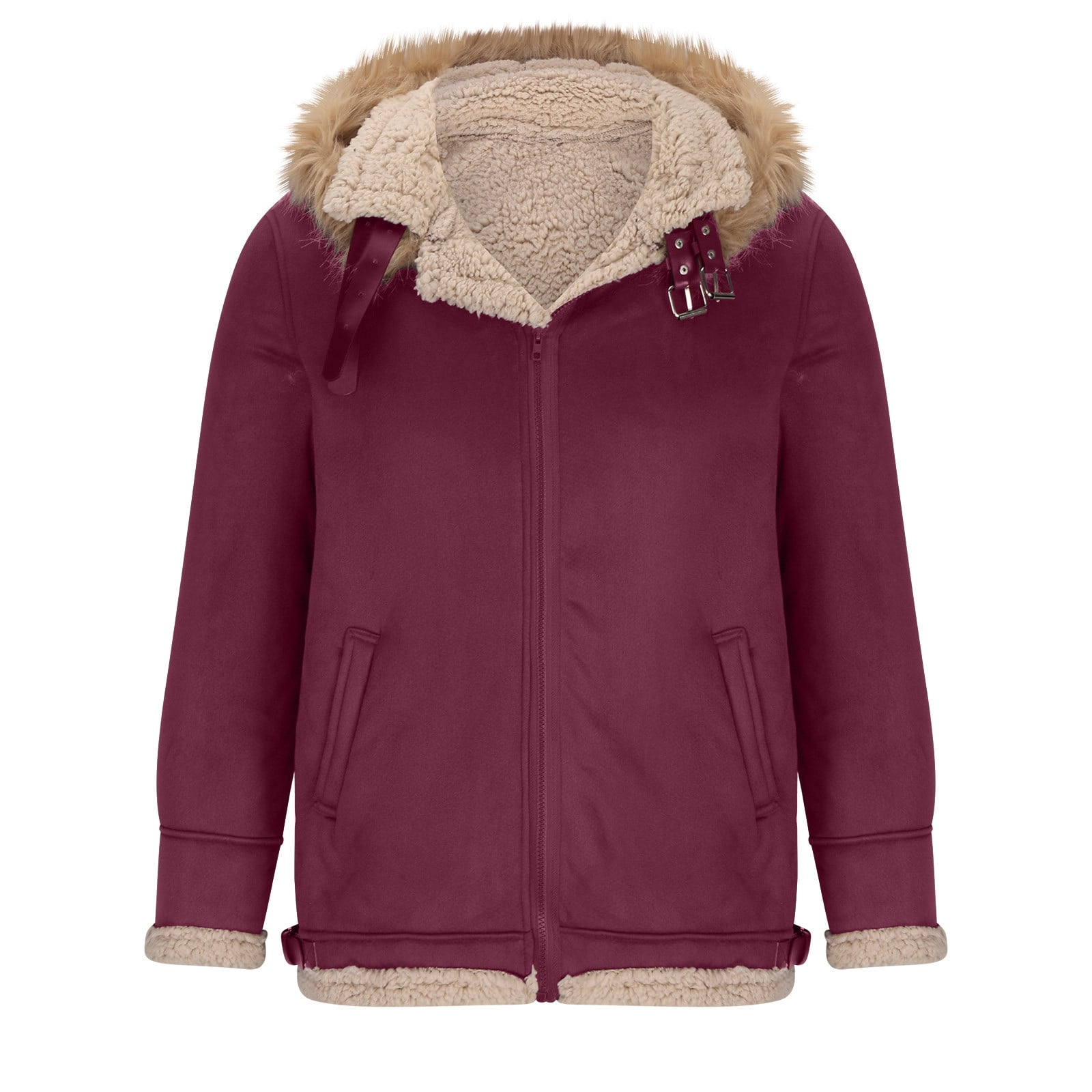 CHEEREAM Faux Leather Jacket Men Suede Faux Fur Jacket Outwear Coat with Hooded Winter Casual Sherpa Lined PU Leather Overcoat Wine L