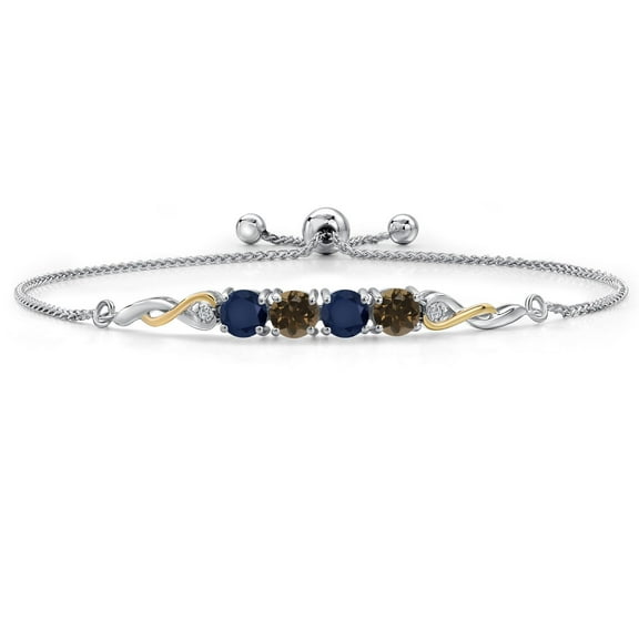 925 Silver and 10K Yellow Gold Blue Sapphire and Brown Smoky Quartz and White Lab Grown Diamond Bracelet for Women | 2.22 Cttw | Gemstone September Birthstone | Round 5MM | Fully Adjustable 9 inch
