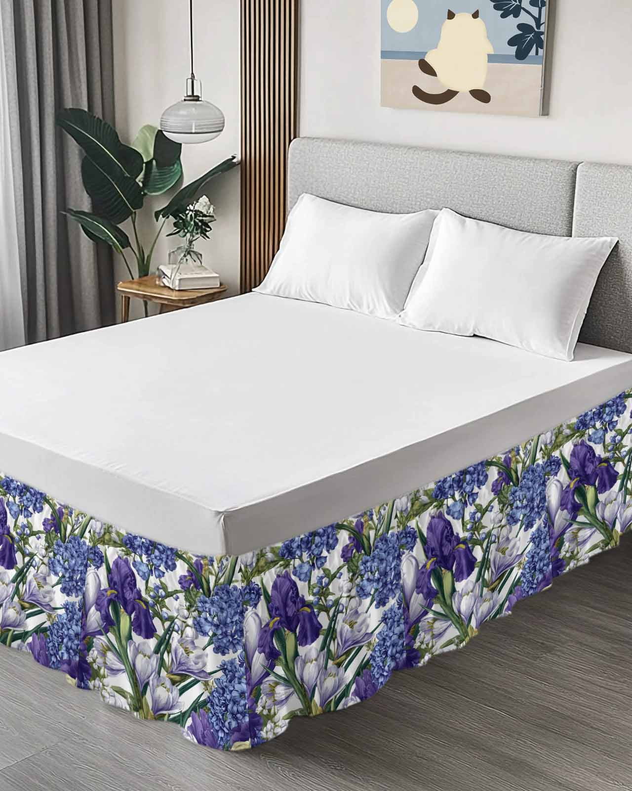Spring Flower Bed Skirt Queen Size 16 Inch Drop, Retro Blue Hydrangea Purple White Floral Green Leaf Adjustable Elastic Dust Ruffles Bedskirt for Queen Bed Wrap Around Pleated Mattress Frame Cover