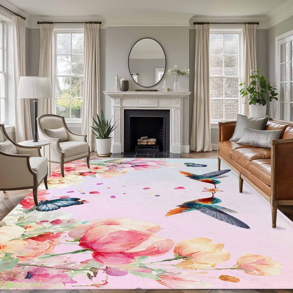 Pink Flower Area Rugs 5'x8', Small Throw Rugs for Classroom Bedroom, Spring Floral Elegant Butterflies Birds Farmhouse Indoor Outdoor Rug Non-Slip Low Pile Carpet Runner Reversible Floor Mats