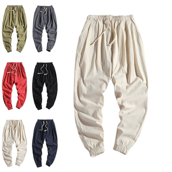SGFCWSX Men's Tapered Cropped Pants with Pockets Drawstring Elastic Waist Solid Color Slim Fit Casual Trousers White Size 2XL
