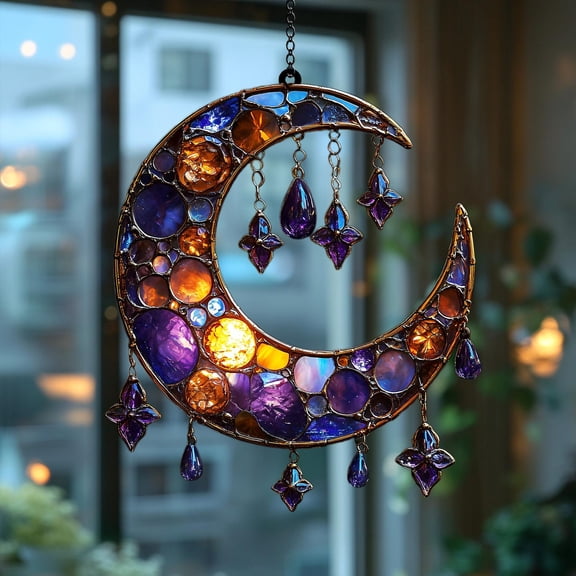 Galaxy Crescent Moon Acrylic Suncatcher – Purple Faux Stained Glass Window Hanging With Crystal Drops, Celestial Boho Gift