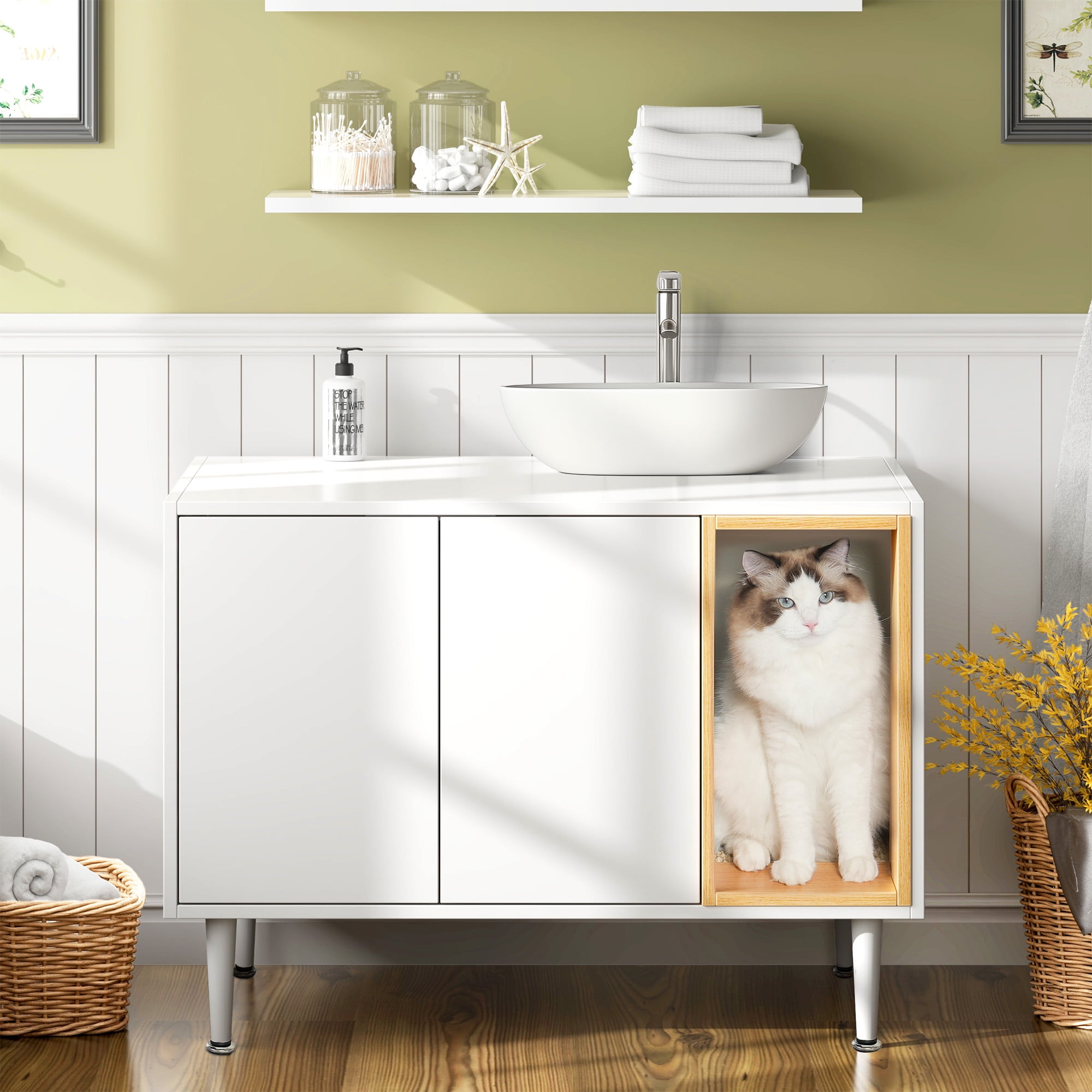 Kadyn 32" Wooden Cat Litter Box Enclosure Furniture with Divider, Large Hidden Litter Box for Bathroom Sink Cabinet, Cat House Washroom, White