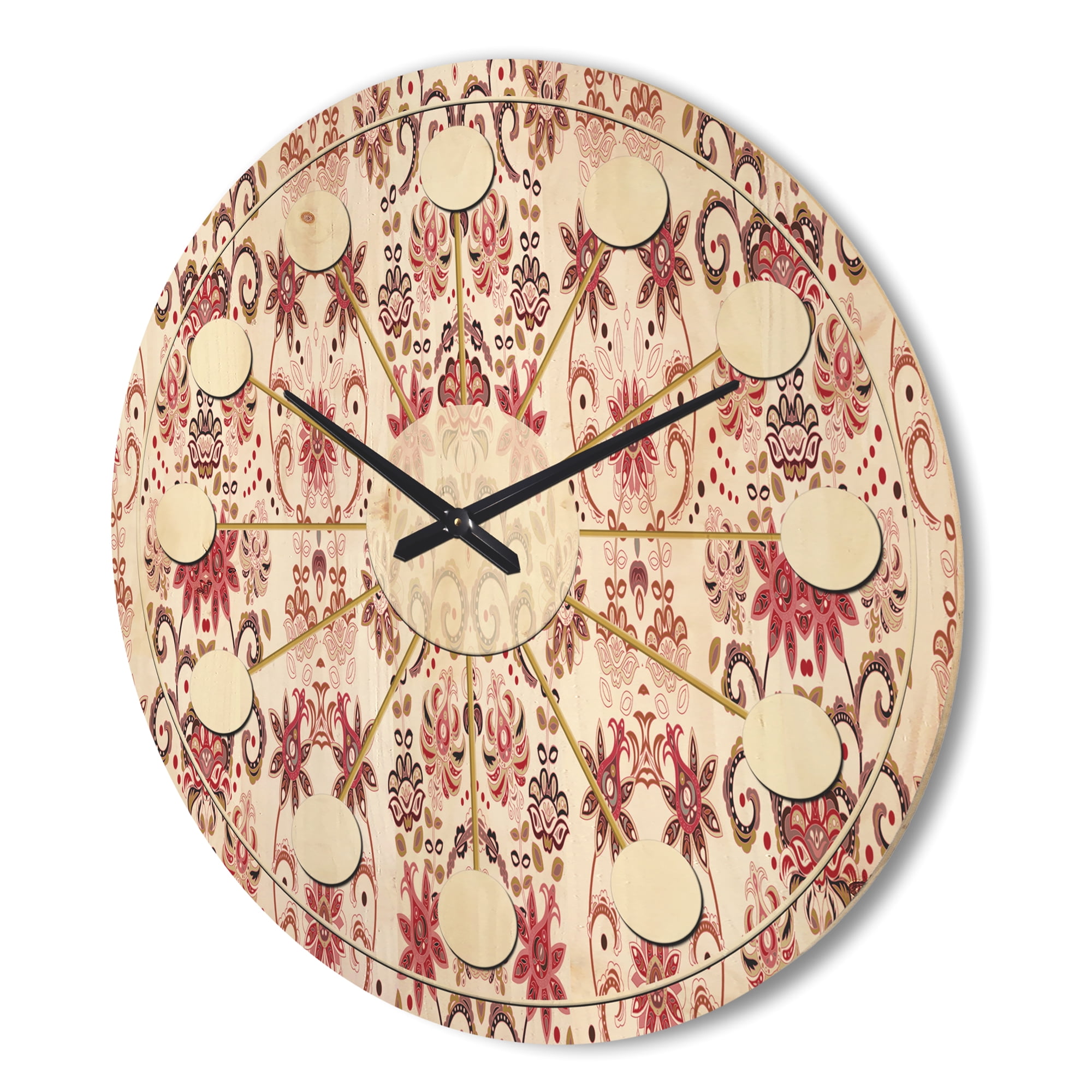 Designart 'Red Ornamental Retro Pattern' Mid-Century Modern Wood Wall Clock