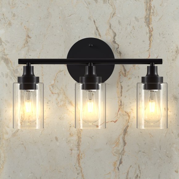 Bed Bath & Beyond Modern 3-Light Vanity Light Wall Sconce Clear Glass Shades Black