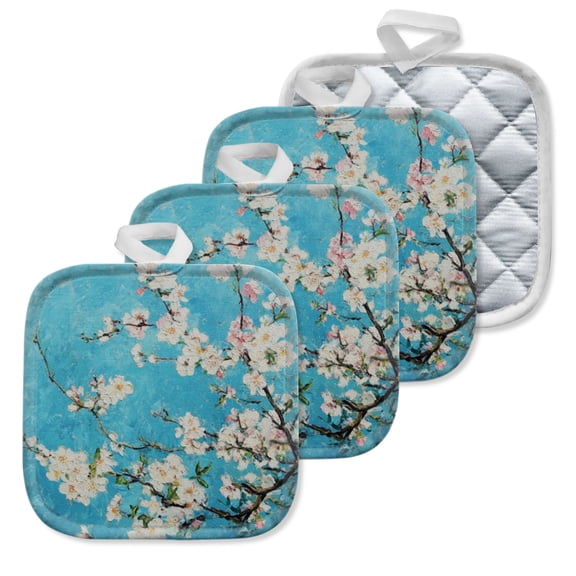 4Pcs Pot Holder for Kitchen, Blossoms Against Turquoise Background Composition Square Heat Resistant Hotpads, 8x8in Non Slip Dirt-Proof Kitchen Cook Oven Potholders Machine Washable