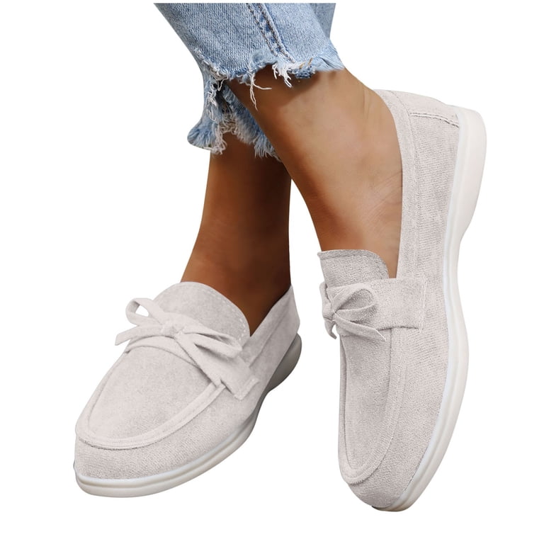 Tawop Women Shoes Womens Dress Shoes Work Shoes Flats Round Toe Casual Loafers Slip On Bow Fall White 6.5