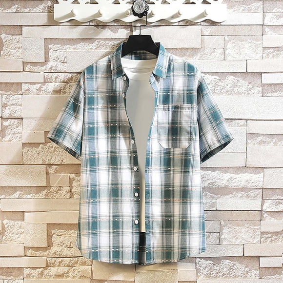 Styesk T Shirts for Man Men's Casual Check Button Pocket Lapel Fashion Long Sleeve Shirt