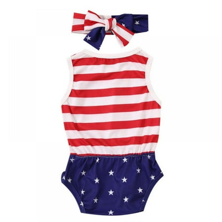 

Cleance Sale Clothes Newborn Baby Girl Independence Day American Flag Stripe Star Romper With Headband