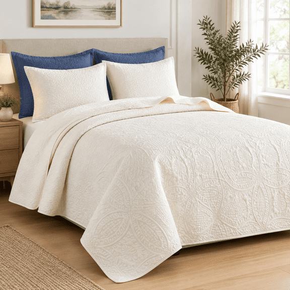 Cream Queen Size Reversible Embossed Quilt Bedding Set with 2 Pillow Shams
