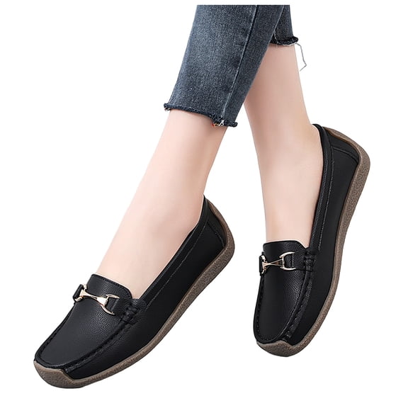 Rokment Women's Oxfords Penny Loafers Boat Shoes for Pregnant Women Comfortable Soft Leather Slip on Ballet Flat Low Heel Walking Dress Sneakers Black Size 6.5