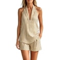 thumbnail image 2 of QIYAGBSA 2 Piece Sets for Women Halter V Neck Sleeveless Top and Shorts with Pockets Striped Relaxed Fit Summer Vacation Beach Outfit (Khaki 2XL), 2 of 9