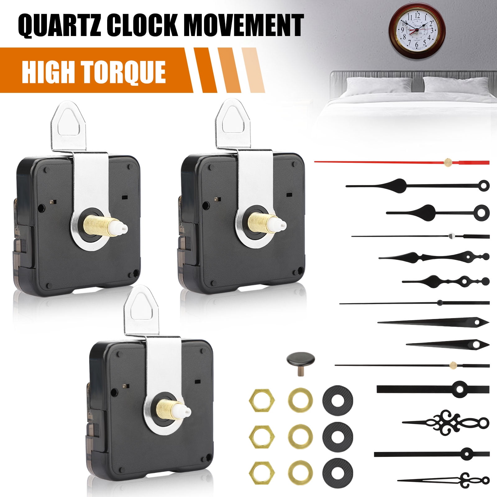 #03 1/4" thread quiet motor and LONG Black 6" hand Quartz Clock Movement kit 