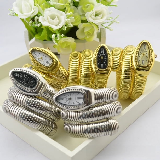 Reloj de señoras, reloj de pulsera de serpiente dorada, reloj de moda al por mayor, reloj de pulsera para niñas, plata