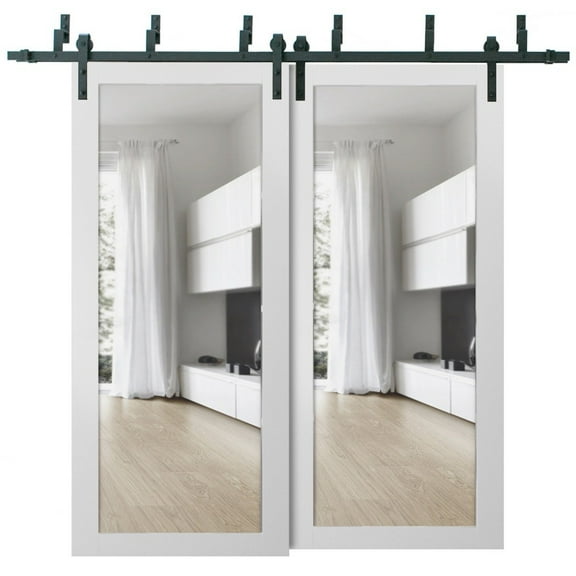 Sliding Closet Clear Glass Barn Bypass Doors | Lucia 2166 White Silk | Sturdy 6.6ft Rails Hardware Set | Wood Solid Bedroom Wardrobe Doors -36" x 96" (2* 18x96)-Clear Glass