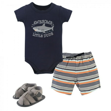 UPC: 0660168554670 | Hudson Baby Infant Boy Cotton Bodysuit  Shorts and Shoe 3pc Set  Shark  0-3 Months