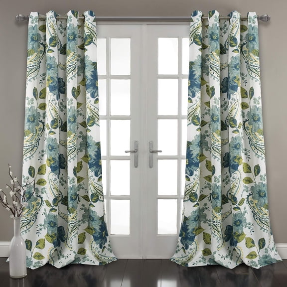 Floral Paisley Light Filtering Window Curtain Panel Pair, 52"W x 84"L, Blue