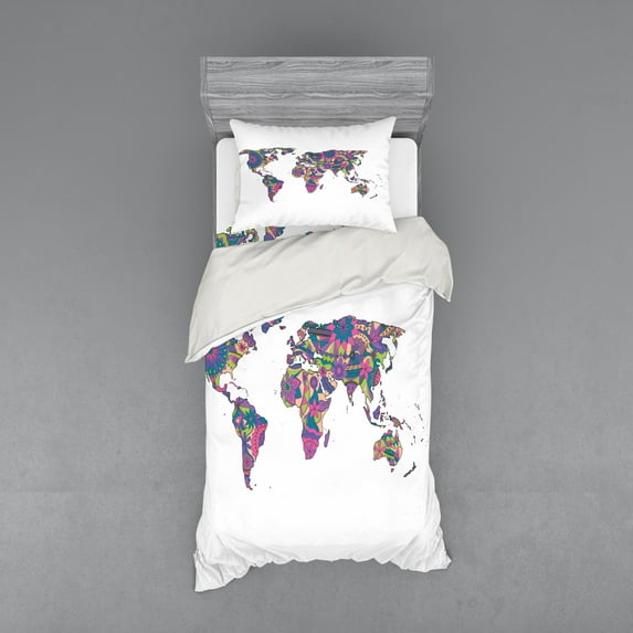 Ambesonne Floral Bedding Set 3 Pcs, World Map with Flowers, Twin XL, Lime Green Fuchsia