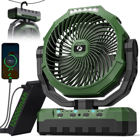 Portable Rechargeable Fan - 12000mAh 9-Inch Battery Operated Powered Fan - Camping Fan with Light & Remote for Tent - USB Table Fan for Travel, Jobsite - 4 Speeds, 4 Timers, Auto-Oscillation