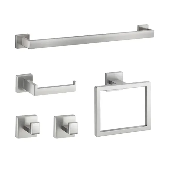 Brushed Nickel 5 Piece Bathroom Hardware Set 24 Inch Towel Bar Rack 2 Robe Hooks Toilet Paper Holder Wall Mounted Stainless Steel