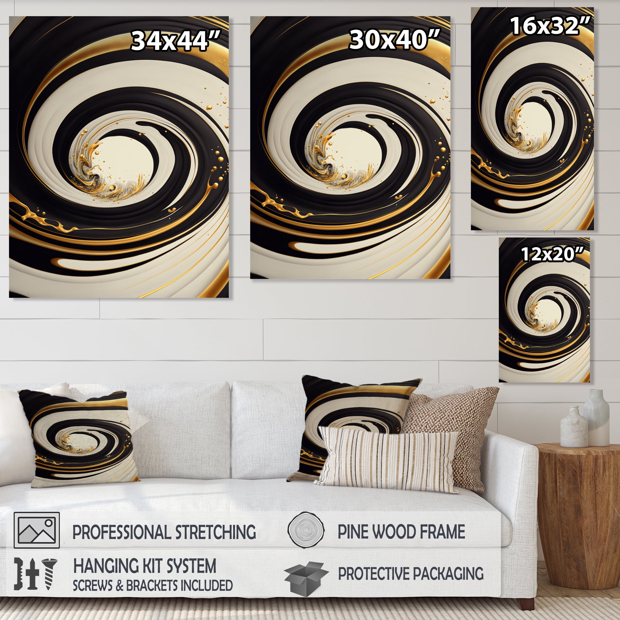 Designart Black, Silver And Gold Blending Swirls I Canvas Wall Art