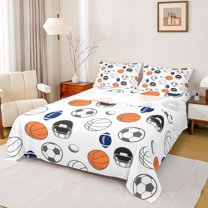 Homewish Basketball Football Game Full Size Sheets,Black Rugby Helmet Bed Sheets,White Orange Black Sheet Sets For Boys Kids,Luxury Bedroom Decor,4-Piece