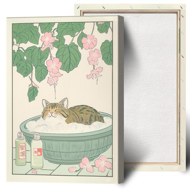 Pósteres sobre lienzo con forma de gato atigrado japonés en la bañera, 40 x 60 cm