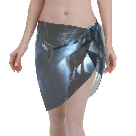 Adobk Women Beach Sarong Bathing Suit Night Scene Of Wolves Print Wrap Skirt Sheer Bikini Swimsuit Cover Ups For Swimwear