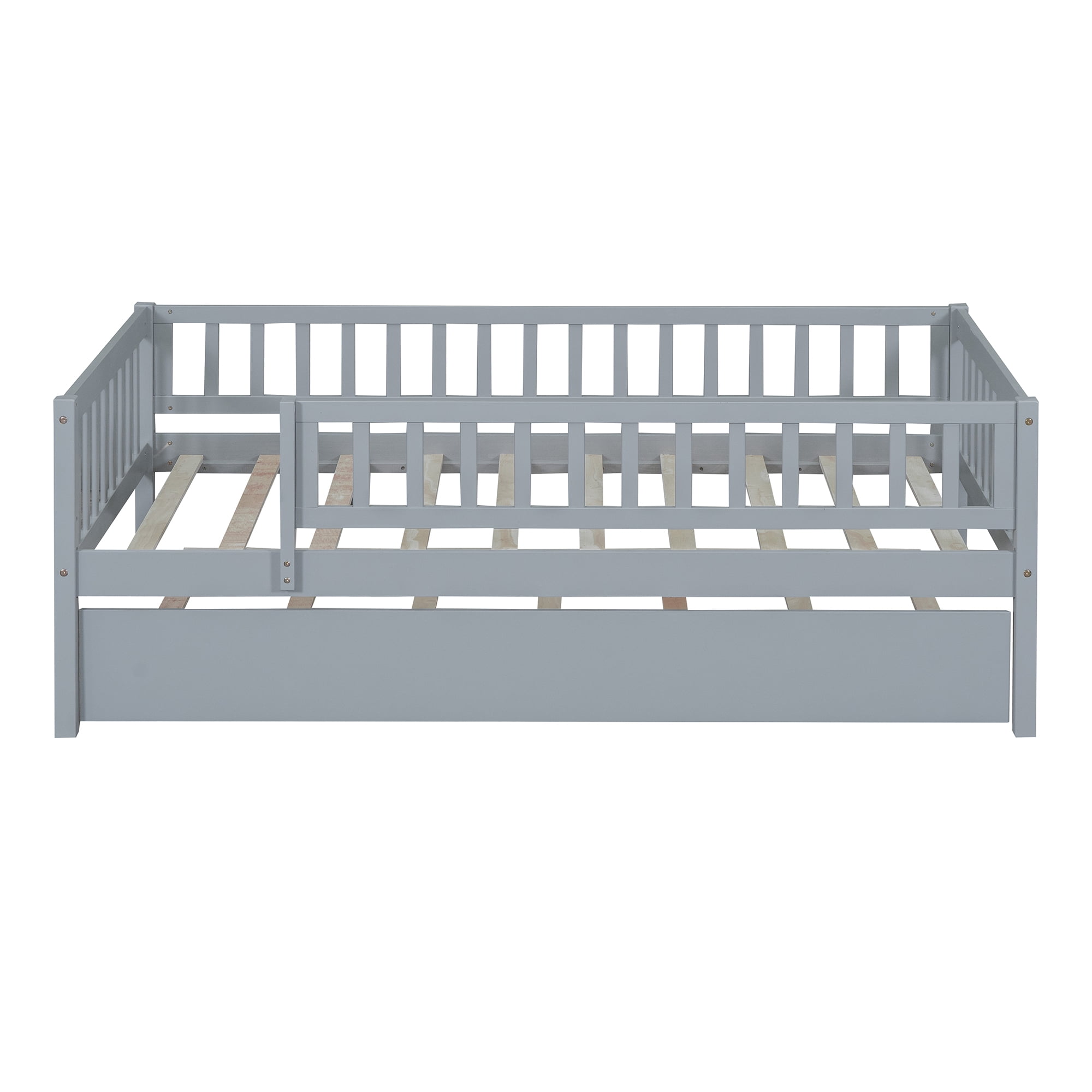 Holaki Twin Size Wood Bed with Trundle and Guardrails for Kids, Gray