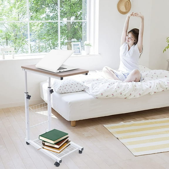 Miumaeov Mobile Sofa Side Table Snack Height Adjustable Rolling Bedside Table Industrial C Shaped Couch Sofa End Table Rolling Wheels for Living Room Bedroom