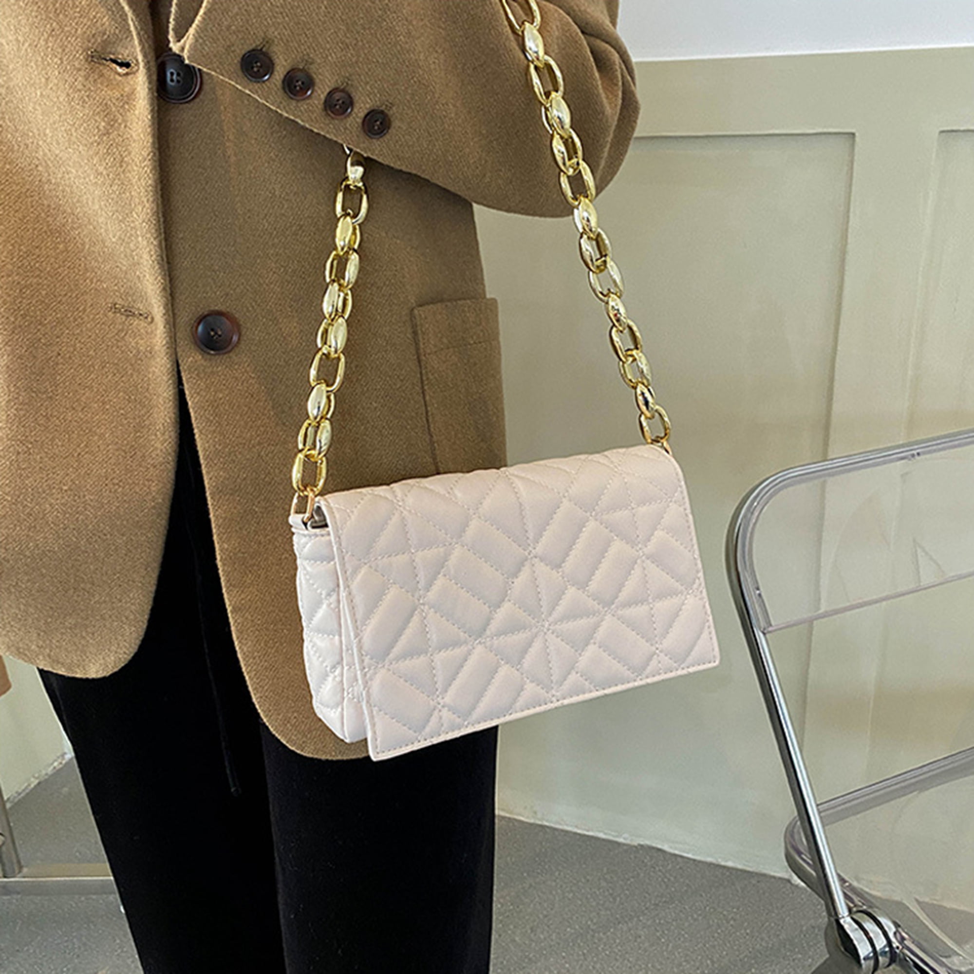 Women PU Leather Shoulder Bag, Solid Color Rectangle Shape Diamond Jacquard  Flip Bag with Metal Chain Shoulder Strap