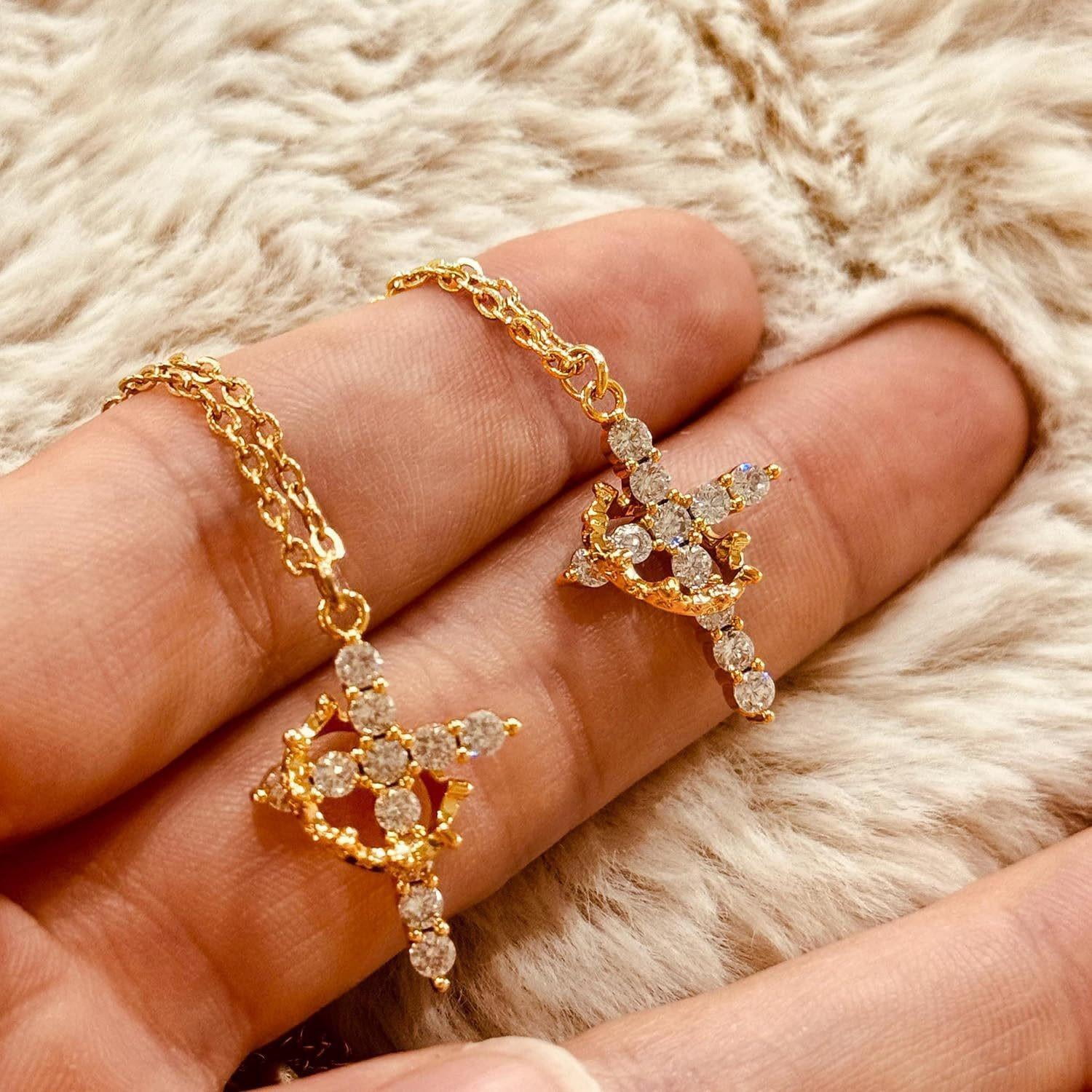 Women's Gifts Upgraded Crown Cross Necklace for Women 14K Gold Plated Crown Cross Pendant Necklace Simple Diamond Gold Necklaces Faith Cross Jewelry First Communion Necklace