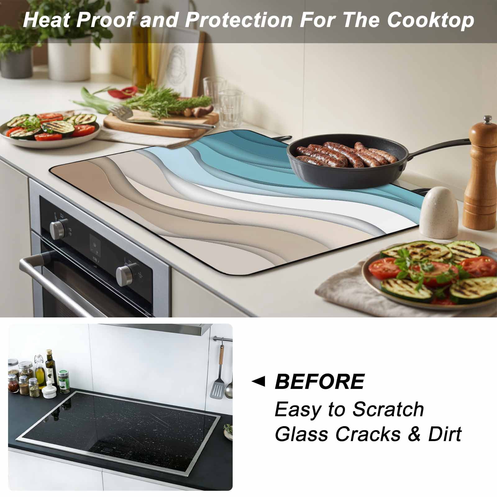 Turquoise Brown Stove Top Cover for Electric Stove, Heat-proof & Non Slip Glass Top Stove Cover Protector, Teal White Geometric Gradient Stripes Kitchen Flat Cooktop Rubber Mat 24x21 Inches