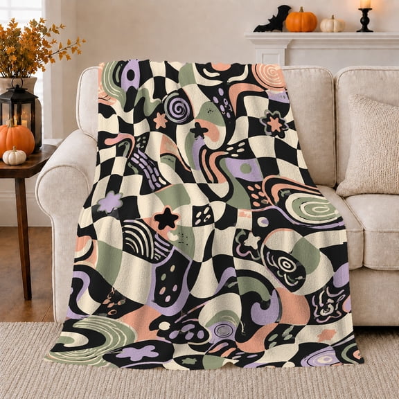 Psychedelic Checkered Swirl Draped On Sofa With Pumpkins Cozy Flannel Blanket For Art Lovers Soft Home Decor In Living Room Bedroom Mother's Day Gift