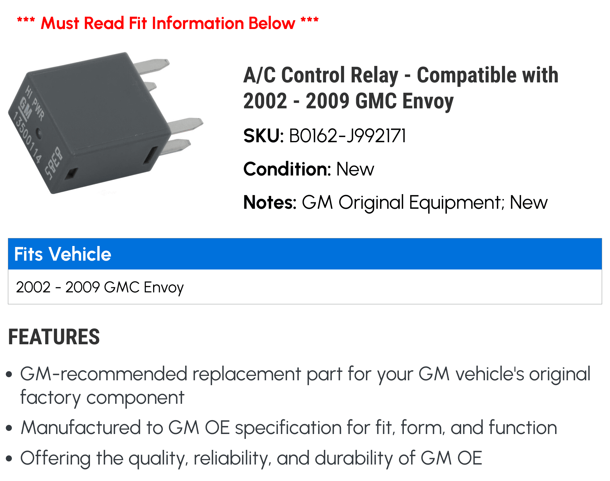 A/C Control Relay - Compatible with 2002 - 2006 GMC Envoy XL 2003 2004 2005