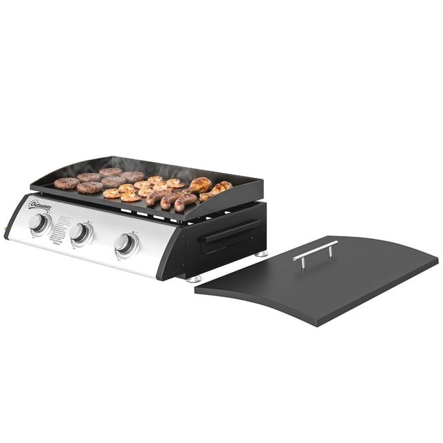 Portable Propane Gas Griddle with 3 Burners, 8530 BTU Non-Stick Hotplate and Lid, Black Stainless Steel BBQ Grill Cart for Camping, Festivals, Patio and Outdoor Cooking, 24.8"W