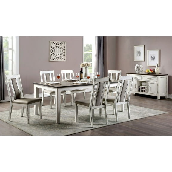 Classic Rustic Weathered White 7pc Dining Set Dining Table 6x Side Chairs Solidwood Two Tone Fabric Cushion