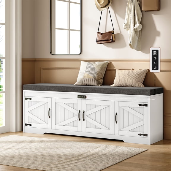 60” Shoe Storage Bench with Deodorizer, Farmhouse Shoe Organizer Cabinet with Cushion Seat, 4 Doors, Adjustable Shelf for Entryway, Bedroom & Living Room, White