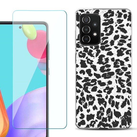 Slim-Fit Flexible Gel TPU Phone Case compatible with Samsung Galaxy A52 5G, with Tempered Glass Screen Protector, by OneToughShield ® - Cheetah B/W