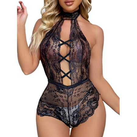 

Haite Women Sleepwear Floral Lingerie Lace Mini Bodysuit Deep V Ladies Backless Lace-Up Halter Neck Black M