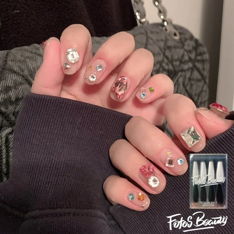 Y2k Glitter Fake Nails, Halloween White French Tip Press On Nails