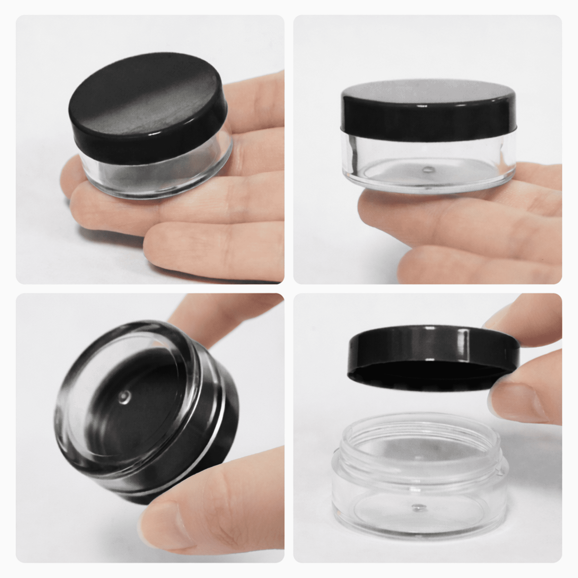 Beauticom 1000 Pieces High Quality 10 Gram 10 ml (0.3 oz) Plastic Clear Round Cream Lotion Beauty Sample Jars (Black Lids)