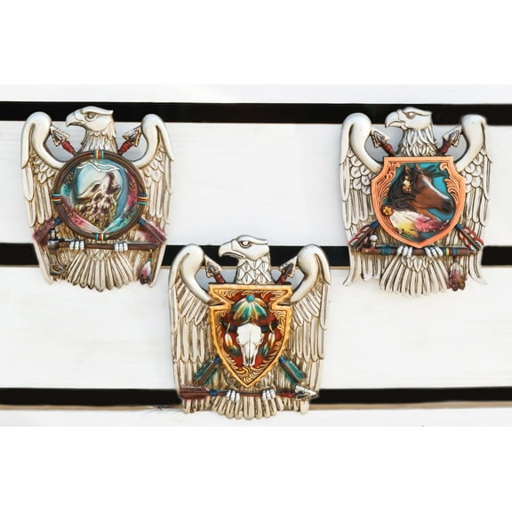 Set of 3 Silver Bald Eagle Shield And Arrows Cow Skull Horse Wolf Wall Decors