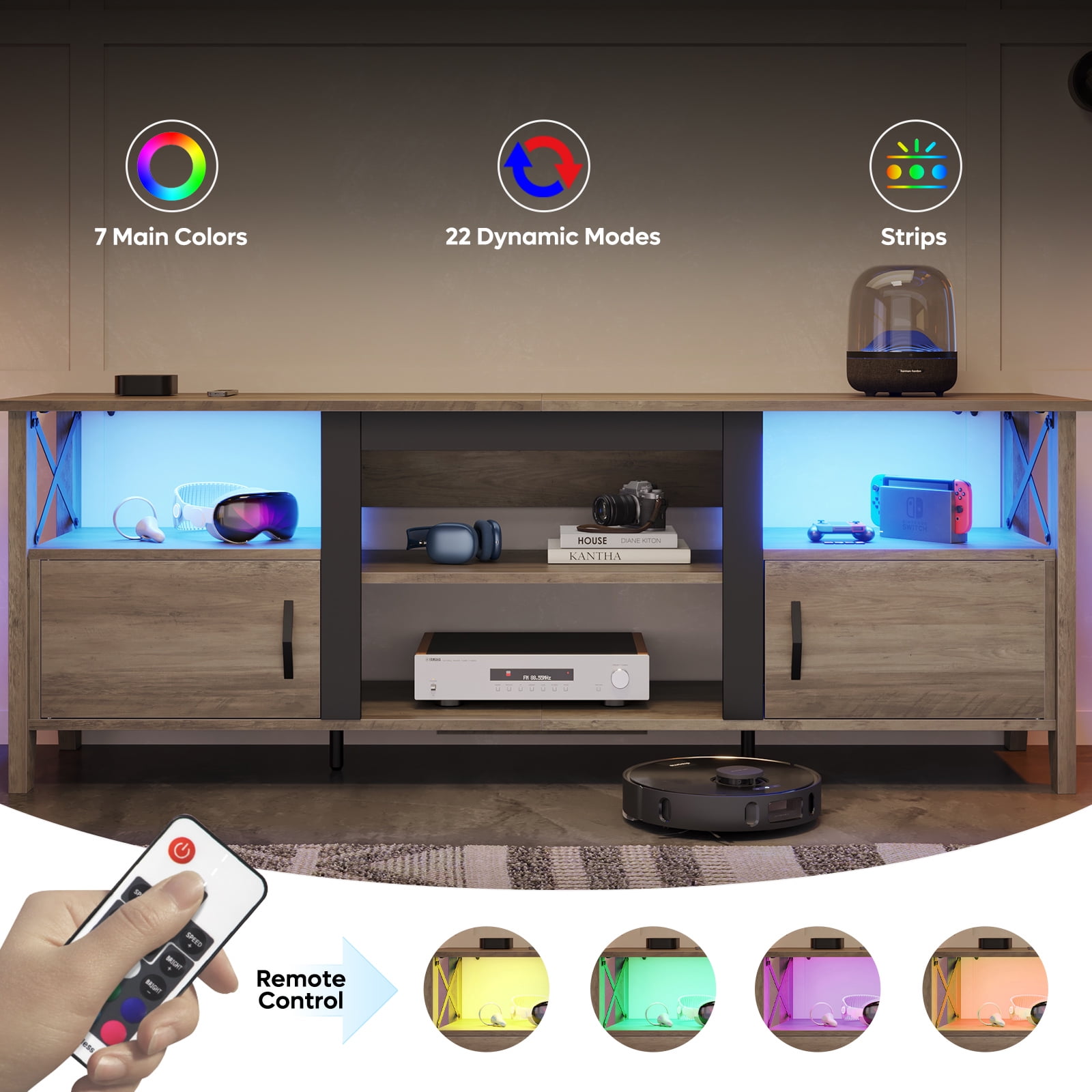 Bestier Farmhouse LED TV Stand for TVs up to 70" Entertainment Center with Storage Shelves in Wash Gray