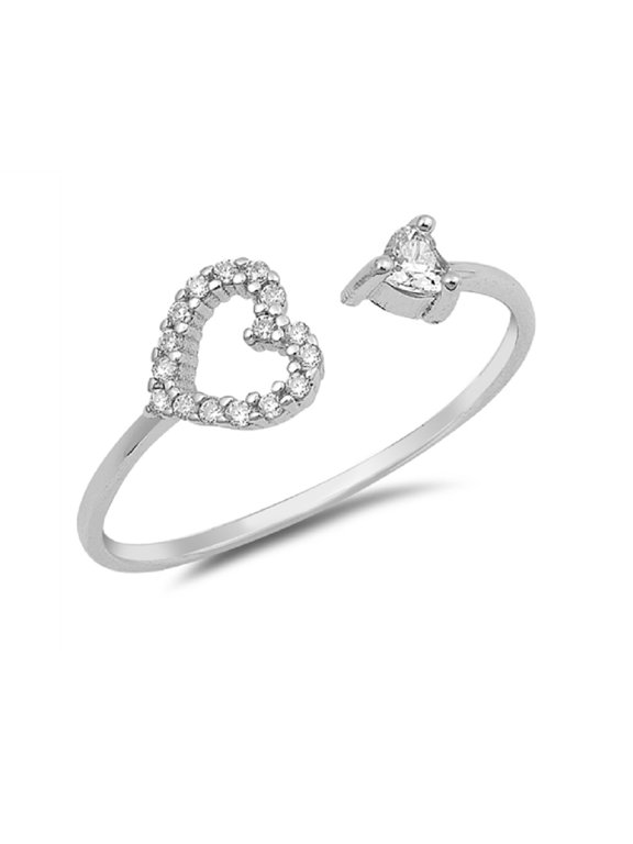 Clear Prong Set Cubic Zirconia Cutout Hear Ring Sterling Silver